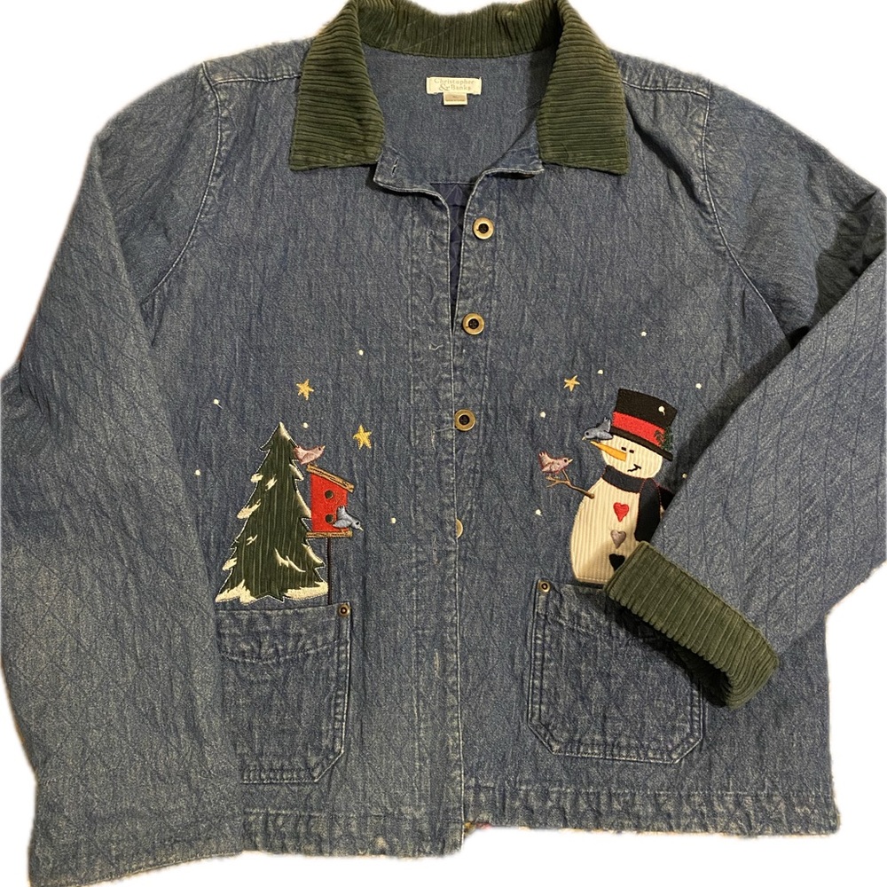 Christopher & Banks Blue Jean Jacket with Snowman Design